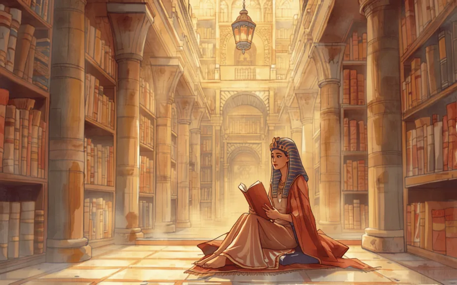 رسم من قصة: كليوباترا جالسة تقرأ بين رفوف مكتبة الإسكندرية