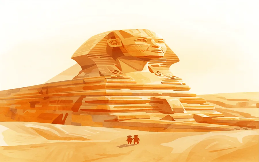 رسم من قصة: أبو الهول الضخم، وطفلان صغيران يقفان عند قدميه